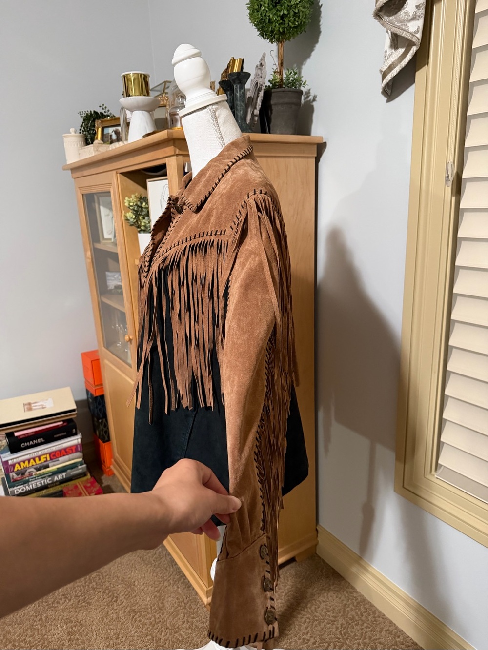 80s Bob Mackie Vintage Fringed Leather Suede Western Jacket Brown & Black Size L - Picture 13 of 15